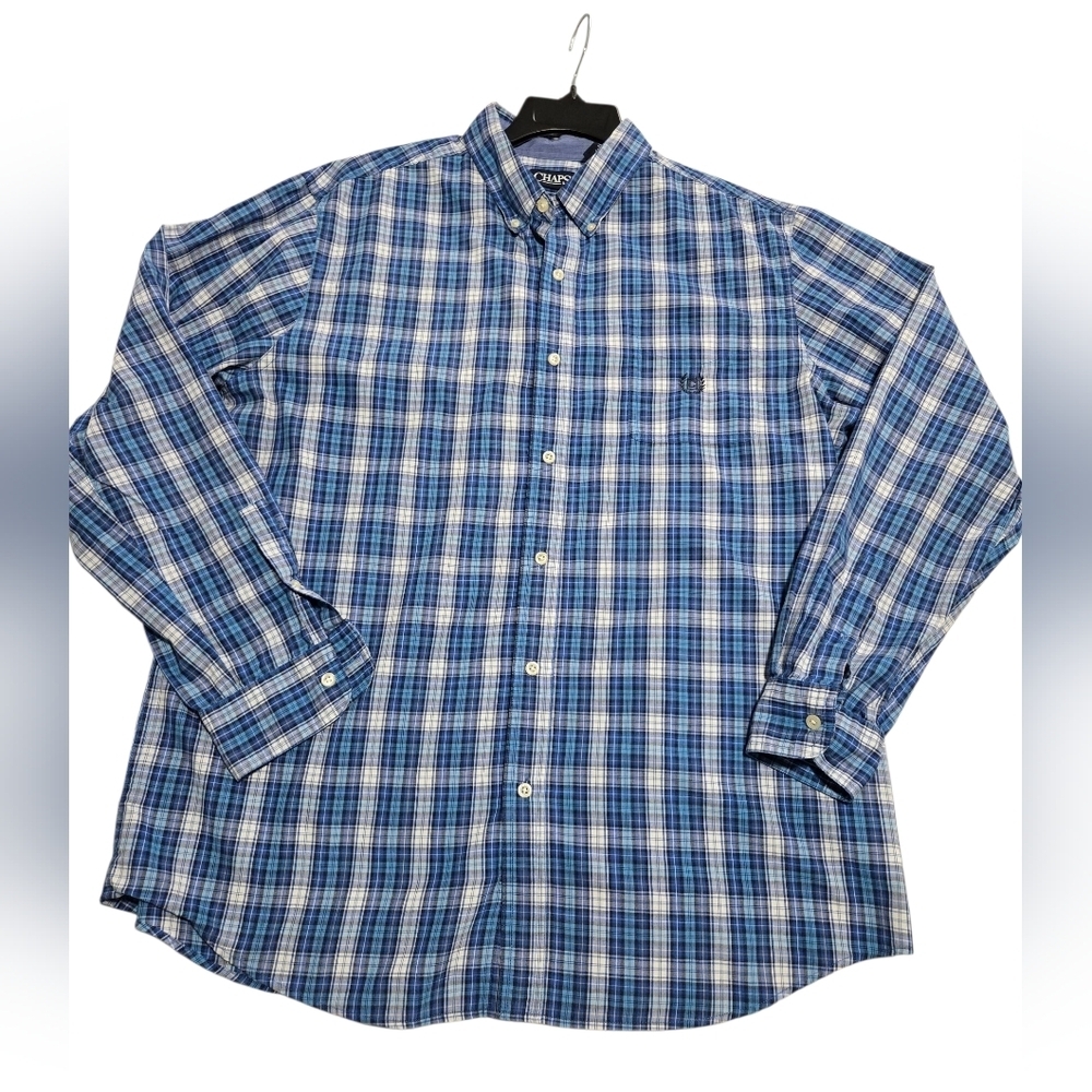 Chaps Easy Care  Men's Blue Plaid Shirt Long Sleeve Button Up XL